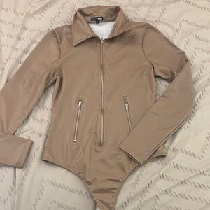 Fashion Nova Tan Zip-Up Bodysuit